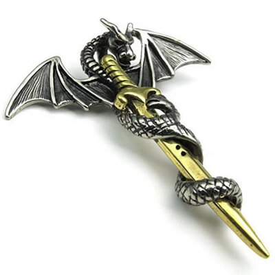 

Hpolw Stainless Steel Casting Black Tribe Gothic Dragon Pendant Biker Mens Gold Cross Sword Necklace 18-26" Chain