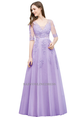 

Babyonline A-line V-neck Half Sleeves Dust Pink Lace Evening Dresses 2018 Backless Applique Long Party Dresses