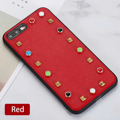 

Genuine Leather Phone Case For iPhone 7 8 Plus Litchi Texture rivet Back Cover For X 6 6S Plus Cases