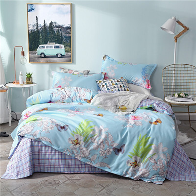 

SlowDream Flowers And Butterflies Blue Bedding Set Elegant Duvet Cover Active Printing Set Bed Linen Home Textiles Multi Size 4pcs