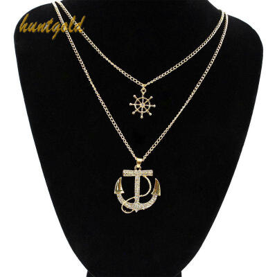 

Fashion Women's Jewelry Rhinestone Anchor Pendant Necklace Two Layers Sweater Chain