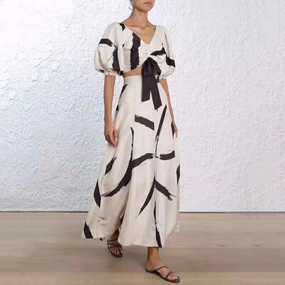 

Womens Skirt Suit Print Puff Sleeve Elastic Lace Up Short Pullover With High Waist Draped Long Skirts 2018 Elegant