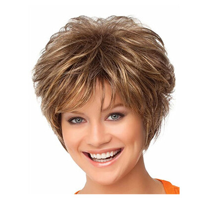 

QianBaiHui Short Curly Wigs with Bangs Brown Mixed Blonde Synthetic Hair Wigs for White Women Natural Looking Wigs Wig Cap