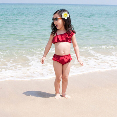 

Swimsuit Girls Two Pieces Swimwear Kids Children Ruffles Red Bandage Swimwear Bathing Suit Bikini Set Outfits