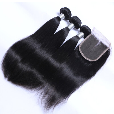 

8A Brazilian Virgin Hair Straight 3 Bundles With Closure 100 Human Hair Weave&Closure 4 Pcslot Natural Black Hair Extensions