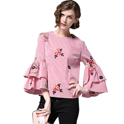 

BURDULLY Womens Tops And Blouses Shirt 2018 Spring Summer Casual Ladies Cotton Blouse Female Flower Embroidery Blouse Pink