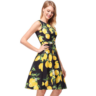 

Women Floral Vintage Dress Lemon Print 1950s Rockabilly Dress Vestidos Luxury Pleated Retro Plus Size Femme Sexy Robe