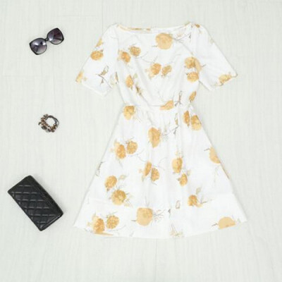 

Lovaru ™New 2015 Women Yellow Summer Dress Short Sleeve O-neck Flower Print Mini Casual Dress vestidos