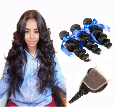 

WYF Peruvian Virgin Hair Loose Wave 3 Bundles 100 Unprocessed Human Hair with Closure
