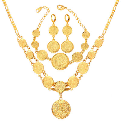 

Dubai Gold Plated Jewelry Set For Women African Ethiopian Jewelry 18K Stamp Antique Coin Bracelet Earrings Necklace Set U7