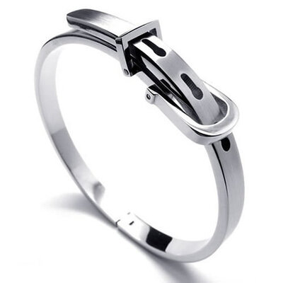 

Hpolw Womensmen silver Stainless Steel leather belt type circular Bracelet