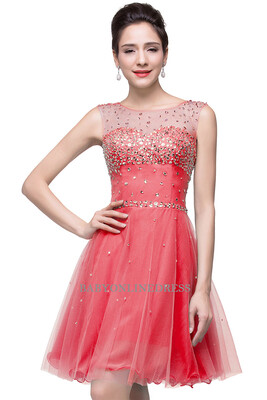 

2018 A-line Sleeveless Crew Short Tulle Prom Dresses with Crystal Beads