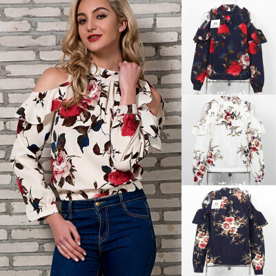 

Women Chiffon Floral Tops Long Sleeve Off Shoulder T-Shirt Blouse Shirt Tee Tops