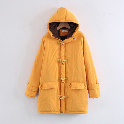 

2018 New Arrival Horn Button Lambskin Long Womens Cotton Coat Large Size Casual Slim Hooded Coat Outerwear Parka