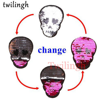 

twilingh Patches 1pc Reversible Change Sequins Patches Skull Star Heart DIY Sew On Patches For Clothes Applique Decoration