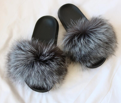 

Womens Luxury Real Fox Indoor Fur Outdoor Cool Slides Slippers Sandals Shoes