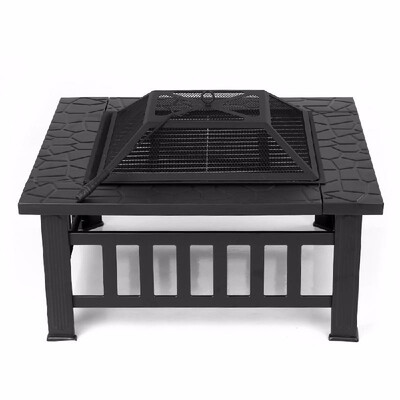 

IKayaa Metal Garden Backyard Fire Pit Patio Square Firepit Stove Brazier Outdoor Fireplace W Firepan Cover & Poker BBQ Grill