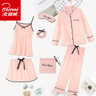 

Arctic velvet pajamas womens seven-piece set of four seasons long-sleeved shorts sexy sling cotton home service suit solid color rural