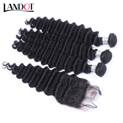 

8A Cambodian Virgin Hair Deep Wave With Closure 3 Bundles Cambodian Curly Human Hair Weave And Lace Closure 4Pcs Lot Natural Black