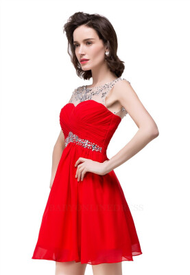 

Short Mini Homecoming Prom Party Dresses Sheer Neck Pleated Chiffon Red Graduation Dress 2018