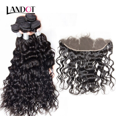 

8A Malaysian Water Wave Virgin Hair With Lace Frontal Closure 3 Bundles Wet And Wavy Curly Human Hair Weaves And Closures 4Pcs Lot