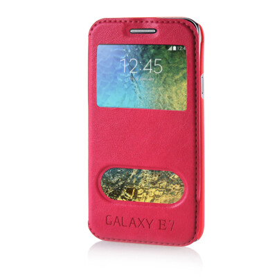 

MOONCASE View Window High grade Leather Side Flip Pouch Stand Shell Back Case Cover for Samsung Galaxy E7 Hot pink