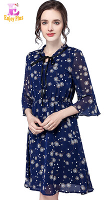 

XL XXL 3XL 4XL 5XL plus size elegant chiffon new summer 2018 dress women 34 sleeve big size blue flower print a line bow midi