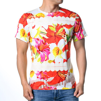 

Men Simple Casual Floral Printing Tops Short Sleeved O-Neck Pullover Bright Color T-Shirts