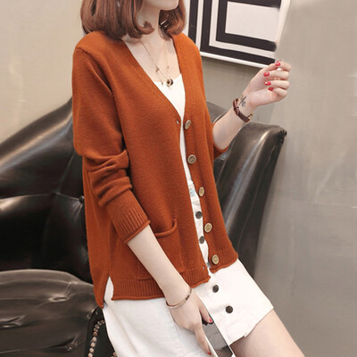

JOY OF JOY 2018 autumn new solid color Korean V-neck single-breasted knit cardigan fashion loose temperament shirt female JWYC187239 yellow one size