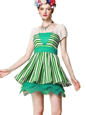 

OL Pattern Chiffon Stripe Splendid Dress Green Blue