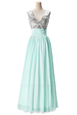 

New Arrival V Neck Sequined Chiffon Long Prom Dresses Sleeveless Formal Party Evening Bridesmaid Dresses