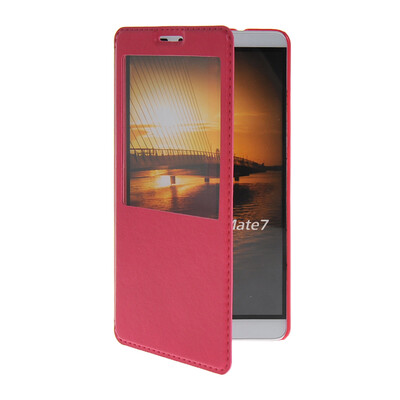 

MOONCASE View Window Leather Side Flip Pouch Stand Shell Back Case Cover for Huawei Ascend Mate 7 Hot pink