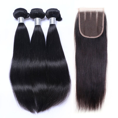 

8A Cambodian Virgin Hair Straight With Closure 3 Bundles Cambodian Remy Human Hair Weaves And Lace Closures 4Pcs Lot Natural Black
