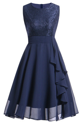 

2018 Womens Vintage Sleeveless Ruffles Belt Floral Lace Bridesmaid Chiffon Dress