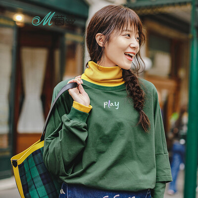 

INMAN 2018 autumn new round neck pullover printed letters cuff stitching loose wild sweater female 18830VP82101 white