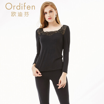 

Ou Difen thermal underwear set 2018 new sexy lace square collar solid color modal comfort female thermal underwear XW7110 black XL