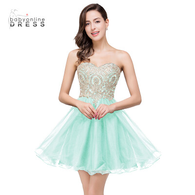 

Lovely Short Beaded Cheap Sweetheart A-Line Prom Dresses Appliques Sparkly Organza Homecoming Dresses