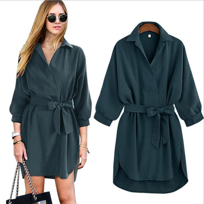 

Ladies loose lapel shirt Long sleeve lacing Dress Shirt dress