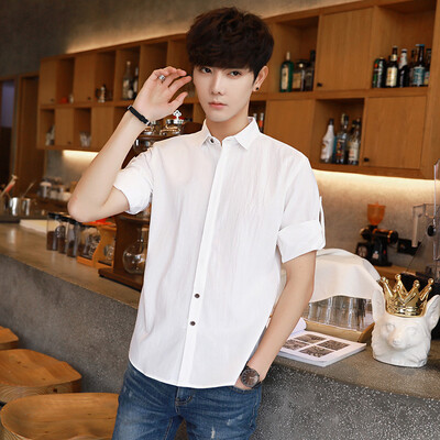 

Summer men&39s seven-point sleeve shirt Korean version slim fit casual seven-point sleeve shirt cotton&hemp half-sleeve and
