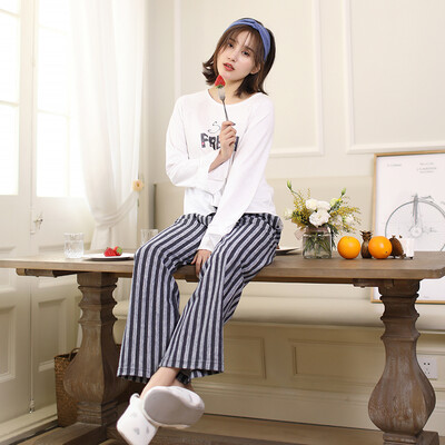 

Haizhining 17W46 pajamas ladies princess wind striped letters long-sleeved trousers home service suits girls home clothes two-piece can be worn outside blue&white 165 L