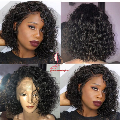 

Human Hair Brazilian Lace Wig loose Curly Water Wave Bob Haircut Glueless Full Lace With Baby Hair Side Part Natural Hairline 130