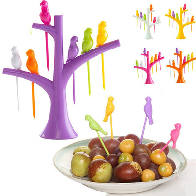 

6pcsset mini fruit trees stand bird fruit fork set resin fruit toothpick Snack Cake Dessert picks Tableware kitchen accessories
