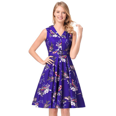

Women 1950s Vintage Pretty High Quality XXL Dresses Evening Sleeveless V-neck Summer Print Retro Sashes Tunic Dress Femme Robe