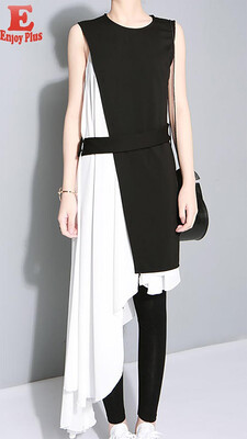 

M L new summer 2018 casual chiffon dress women sleeveless black&white irregular straight lady