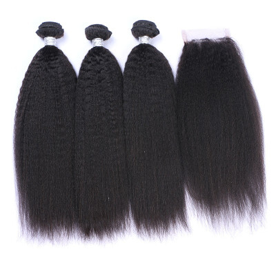 

8A Indian Kinky Straight Virgin Hair 3 Bundles With Lace Closure 4 PcsLot Indian Remy Human Hair Weave And Closures Natural Black