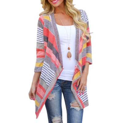 

CT&HF Women Casual Loose Cardigan Stripe Splicing 3/4 Sleeves Coat