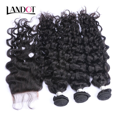 

8A Malaysian Virgin Hair Natural Water Wave With Closure 4PcsLot Wet And Wavy Curly Human Hair Weaves 3 Bundles And Lace Closures