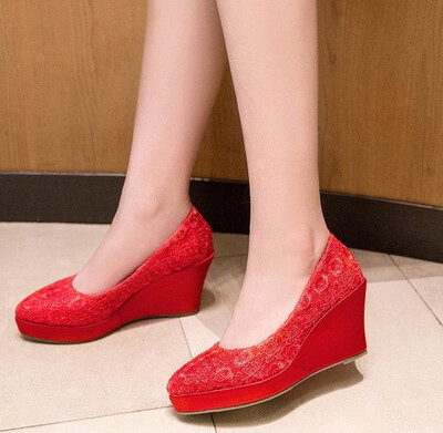 

Fashion Women wedge shoes Pumps Round Toe High Heel Wedding Dancing Party Night Club Dress Shoes slip on pointed toe red