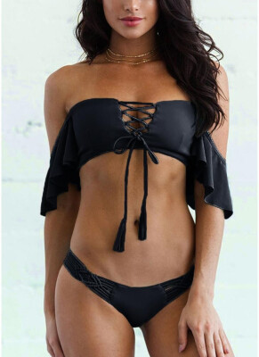 

2018 Solid Criss Cross Bandage Hollow Out Backless Push Up Padded Bikini Set