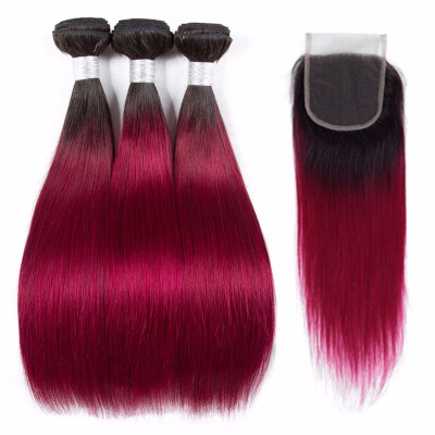 

HCDIVA Ombre Hair Bundle with Closure Brazilian Virgin Straight Human Hair Weaves 3 Bundle with Closure Ombre Color 1BBurgundy